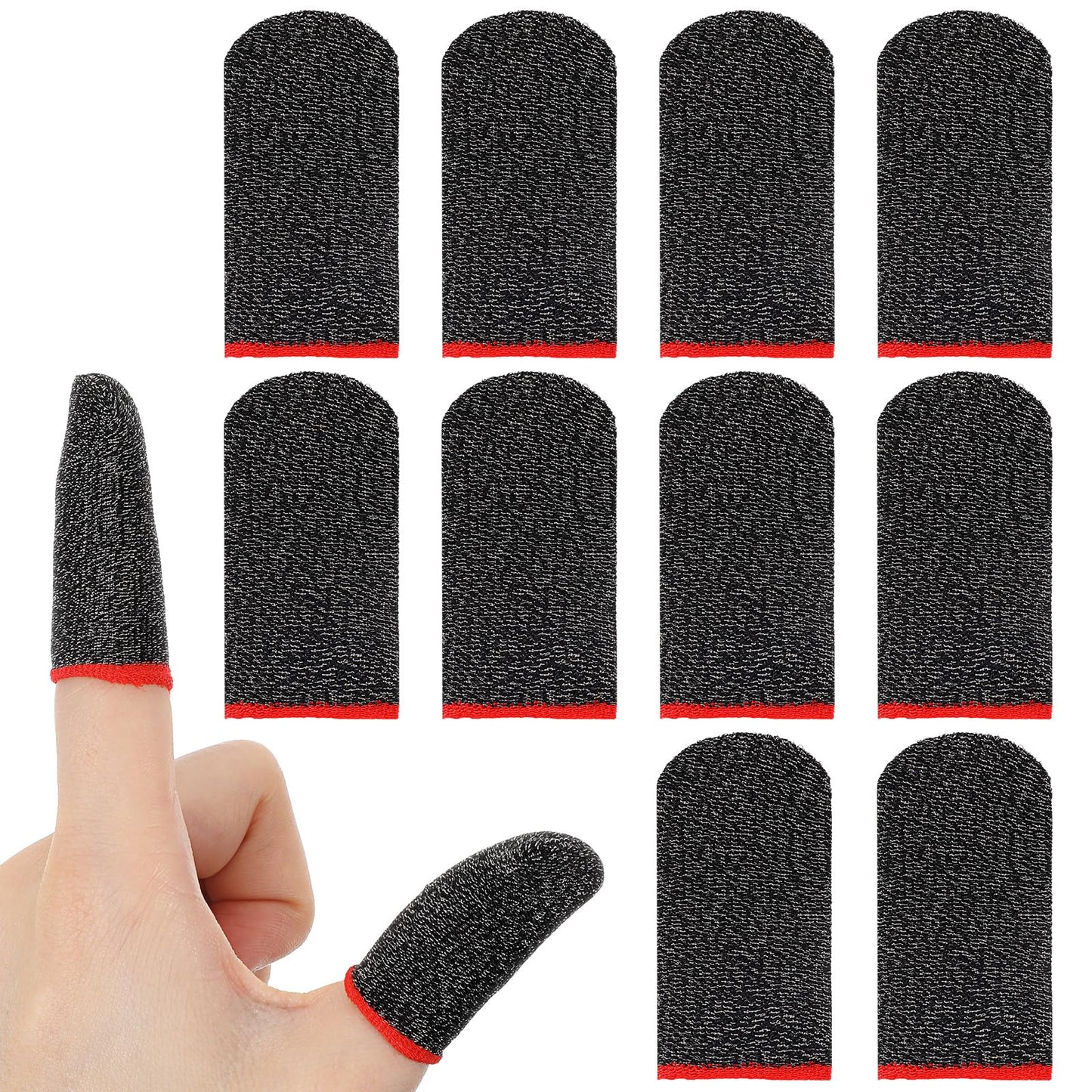 Falzqq 10 x Finger Cots for Gaming, Sweat-Resistant, Smooth, Red Edge, Ultra Thin, Comfortable Fit for Mobile Phones, Tablets and All Touch Screen Devices