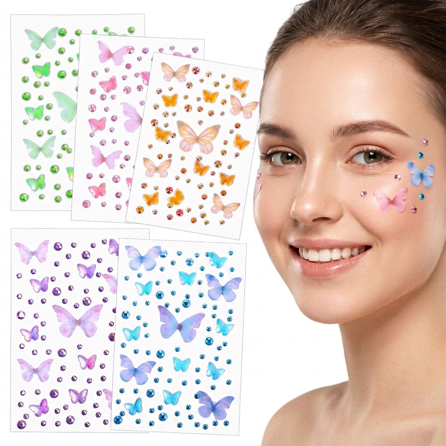 PEOVLVN 5 Sheets Face Gems for Women, Colorful Butterfly Face Gem Stickers Glitter Stick on Face Rhinestones Makeup Jewels for Face Eye Body Rave Accessories Festival Essentials