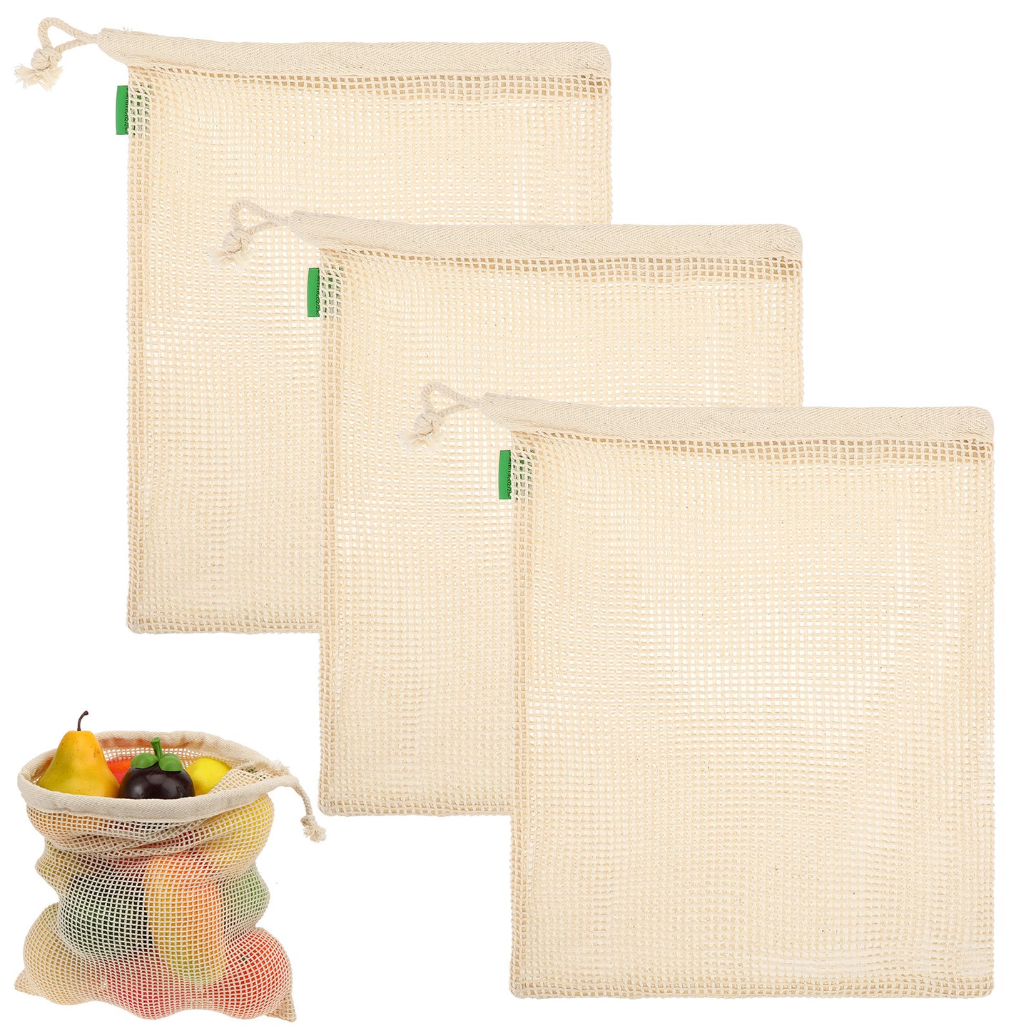 ZEYIYER Pack of 3 Reusable Produce Bags Washable, 11x17 Inch Reusable Produce Storage Bags - Organic Cotton Mesh Bags with Drawstring, Cotton Produce Bags Reusable Washable