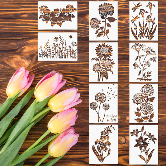 10 Pcs Large Flower Stencils for Wood Fence, 13.8 * 10 Inch Floral Stencils for Painting on Walls, Extra Large Sunflower Stencil, Reusable Templates for Wood Garden Fence Furniture Fabrics DIY Decor