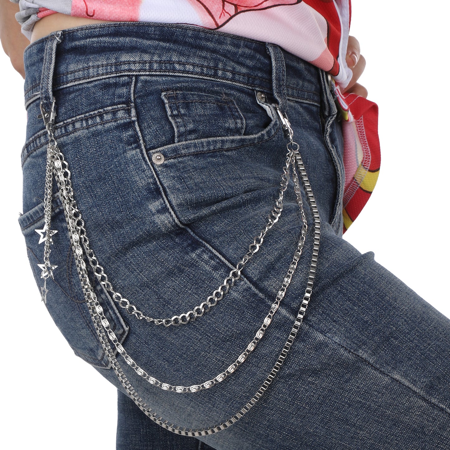 Azefnuhk Pants Chain Metal Star 3 Layer Silver Chain Punk Goth Hip Hop Wallet Chains Accessories, Durable Iron Alloy Body Chains for Jeans Trousers