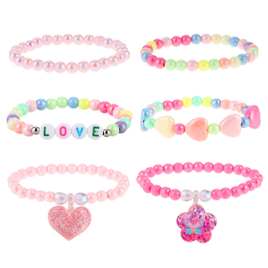 ASTER 6 Pcs Cute Kids Bracelets for Girls, Pink LOVE Butterfly Beaded Bracelets for Kids, Adjustable Little Girls Toddler Bracelets, Fun Glittery Girly Colorful Smooth Bracelets for Birthday Party