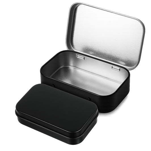 Aysatogc 1 Pack Metal Rectangular Empty Tin Box, Hinged Tins Tin Containers Mini Portable Small Storage Container Kit with Lid for Home Storage 3.74x2.36x0.82 Inch, Black