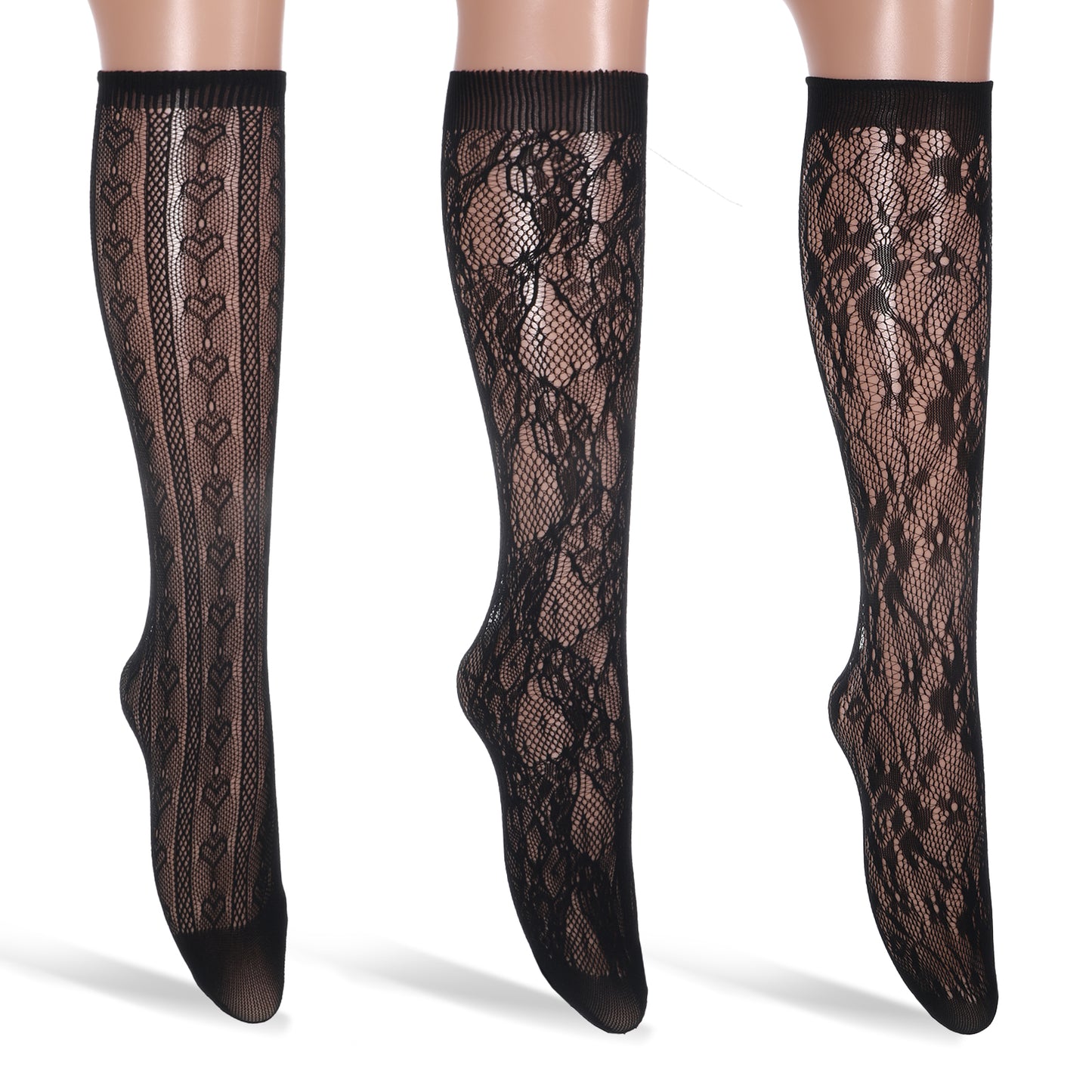 ZEYIYER 6 Pairs Knee High Stockings, Black Fishnet Stockings for Women, Nylon Lace Hollow Socks, Black Lace Socks for Halloween, Party