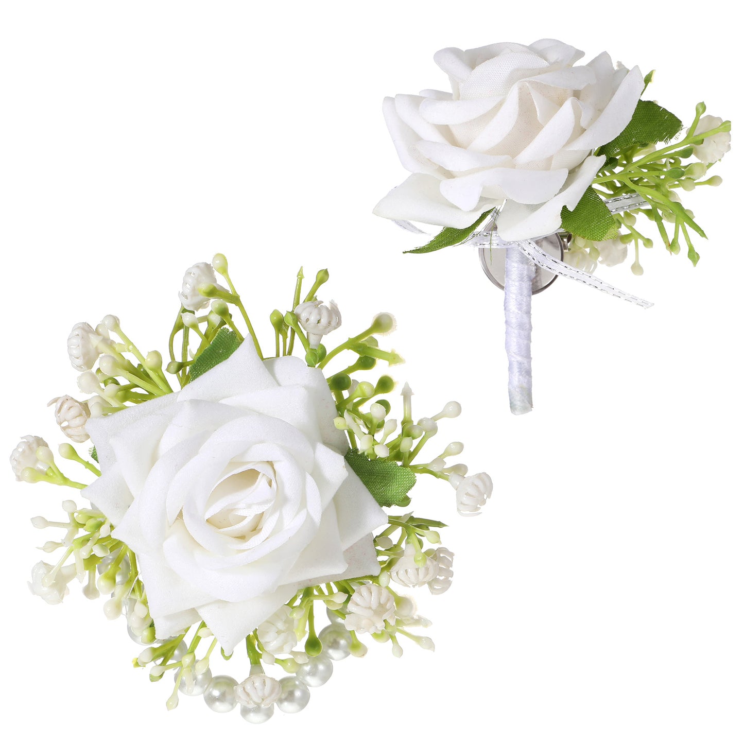 2 Pcs Corsage and Boutonniere Set, Royal Corsage Wristlet Band Pearl Bracelet Wedding Flower Accessories for Men Wedding Prom Party Suit Decoration