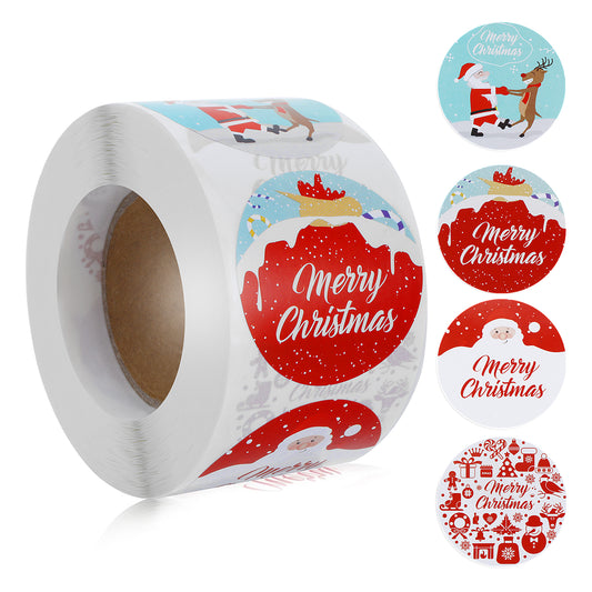 ASTER Merry Christmas Stickers Labels Roll 3.8CM 4 Designs Round Christmas Tags 500PCS Round Adhesive Labels Stickers for Card Seals Christmas Decorations