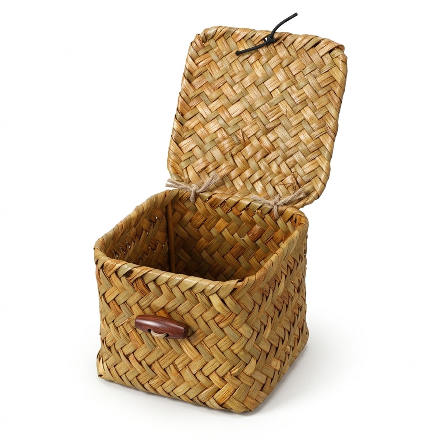PEOVLVN Mini Seagrass Basket, Small Wicker Basket with Lid Small Decorative Box Square Handwoven Storage Baskets for Shelf Key Jewelry Home Decor Organizer (3.94 * 3.94 * 3.15inch)