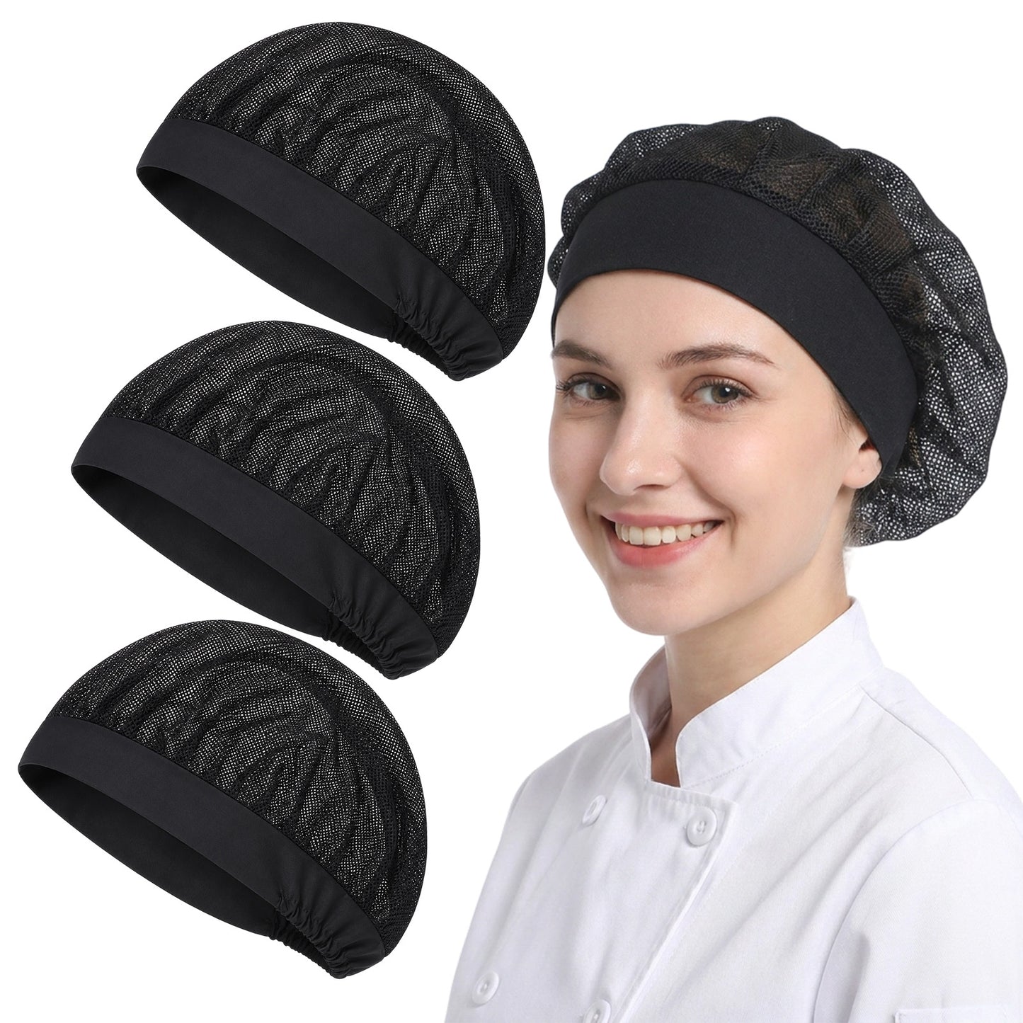 Dplolng 3 Pcs Chef Hats for Women,Adjustable Cooking Cap Reusable Hair Nets for Food Service Workers Cooking Chef Cap Elastic Black Mesh Chefs Hat for Foodservice