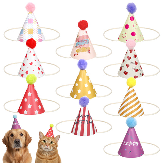 10 Pcs Mini Party Hats for Stuffed Animals Dogs Cats, Cute Paper Cone Hat with Pom Poms, Lovely Birthday Hats for Pet Birthday Parties and Celebrations