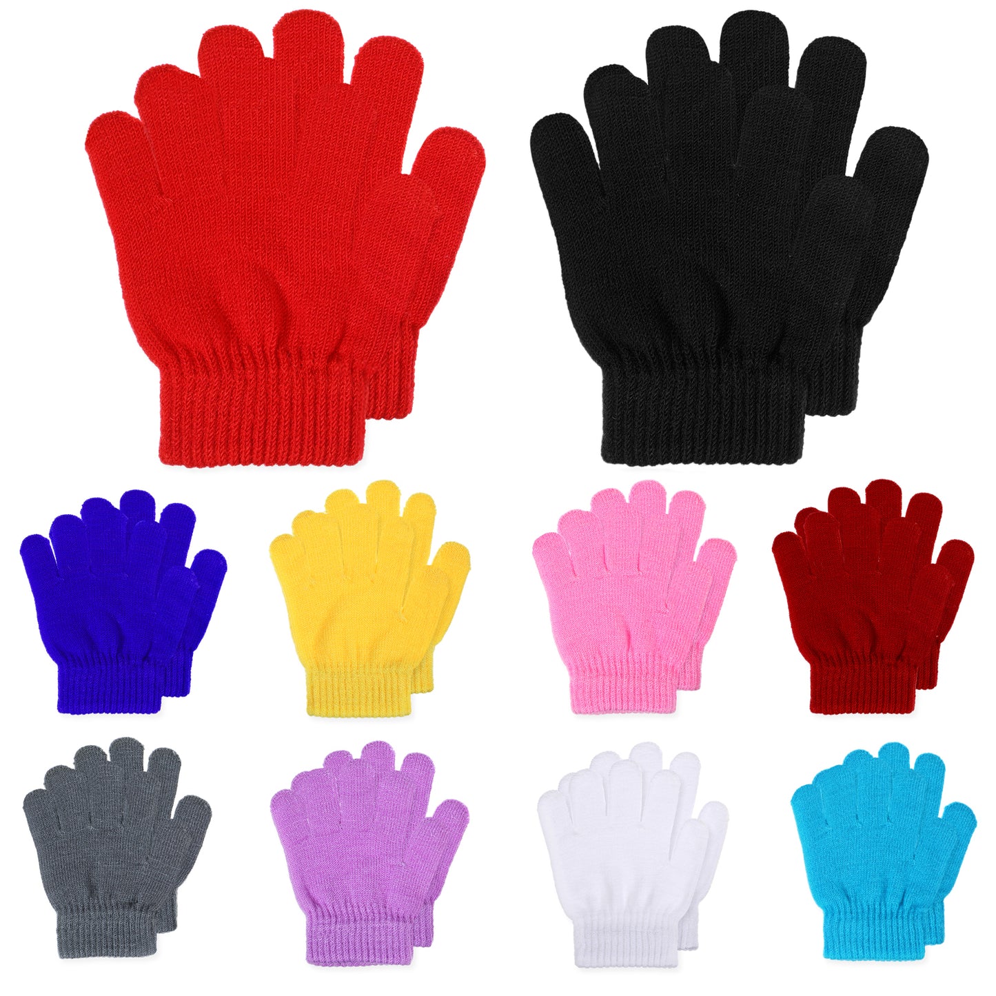 10 Pairs Kids Winter Gloves Full Fingers Knit Stretchy Warm Gloves Black Magic Glove Bulk for Boys Girls 5.9" 4-12 Yeras(10 Colors)