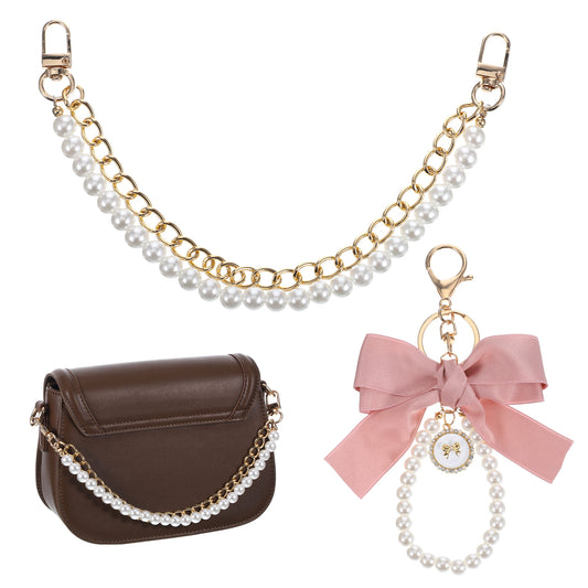Axafazup Pearl Purse Chain, Gold Purse Charms for Handbags with White Bow Keychain, Handbag Extender Replacement Charm Accessories For Crossbody Messenger Bags Wallets