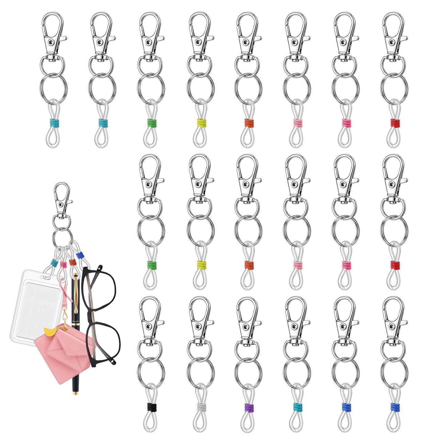 Quilax 20 Pack Colorful Silicone Pen Clips with Lobster Clasps, Retractable Badge Reel Accessories, Lanyard Pen Holder