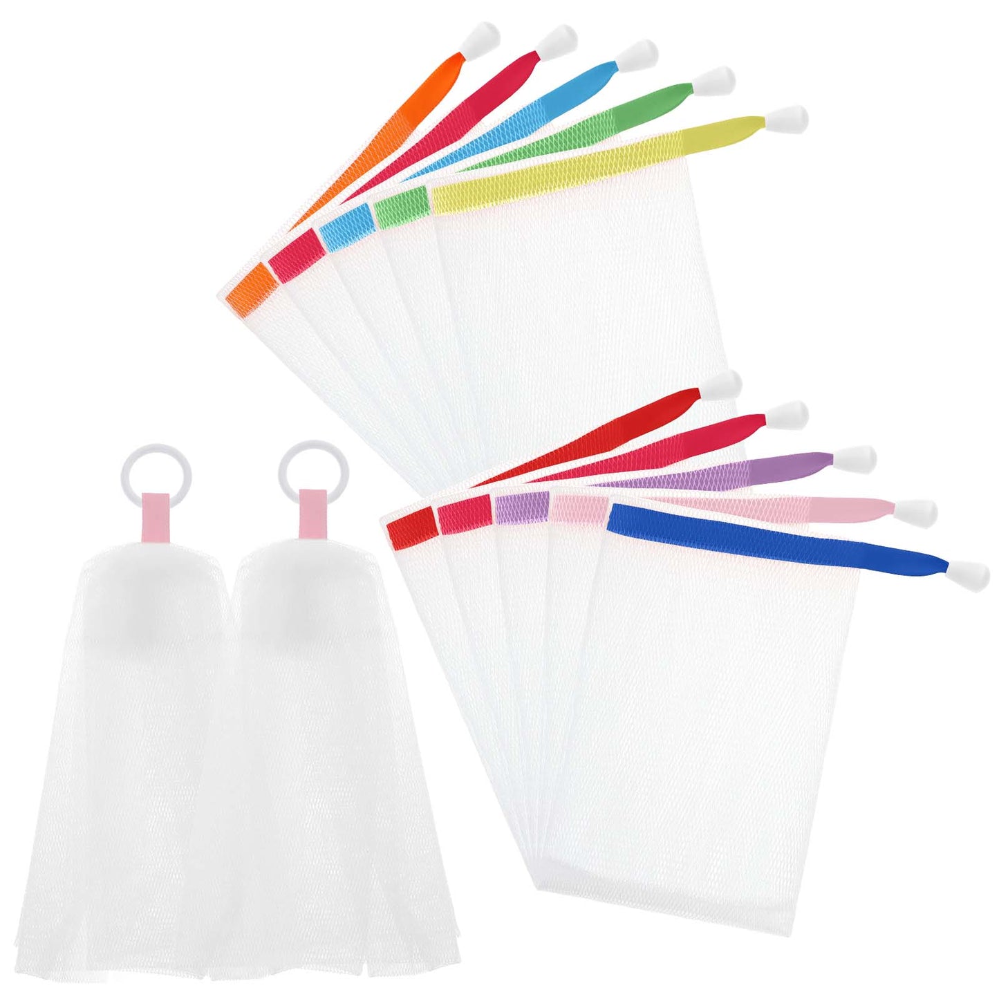 10 PCS Soap Bags and 2 PCS Face Foaming Net, Soap Saver Bag with Drawstring, Mesh Soap Bag for Shower Bath Washing Cleanser Foaming Exfoliatio Net