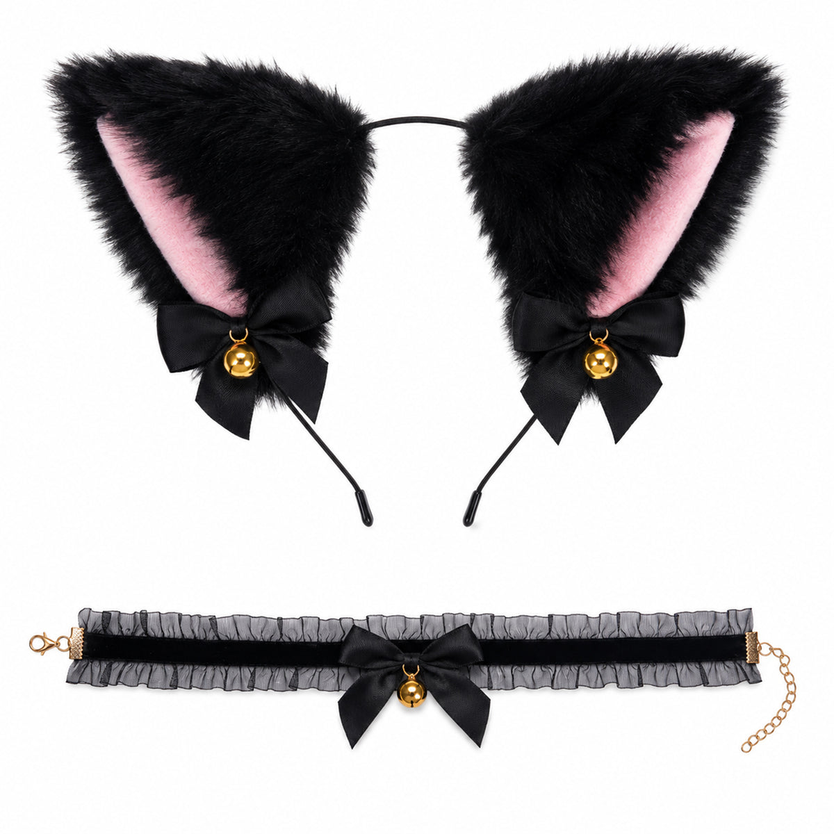 Faux Fur Black Cat Ears Headband, Furry Dog Ears Headband Lace Choker Set