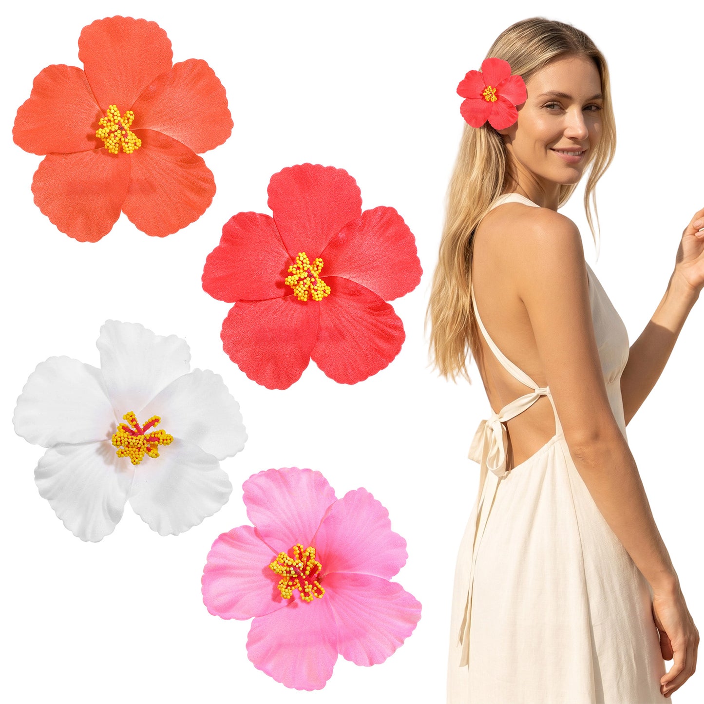 Thinp 4 Pcs Hawaiian Flower Hair Clips for Women, 3.15" Hibiscus Hair Clips Artificial Flower Clip Tropical Flowers Hairs Clip Hawaiian Hairs Accessories for Summer Vacation, Beach Party