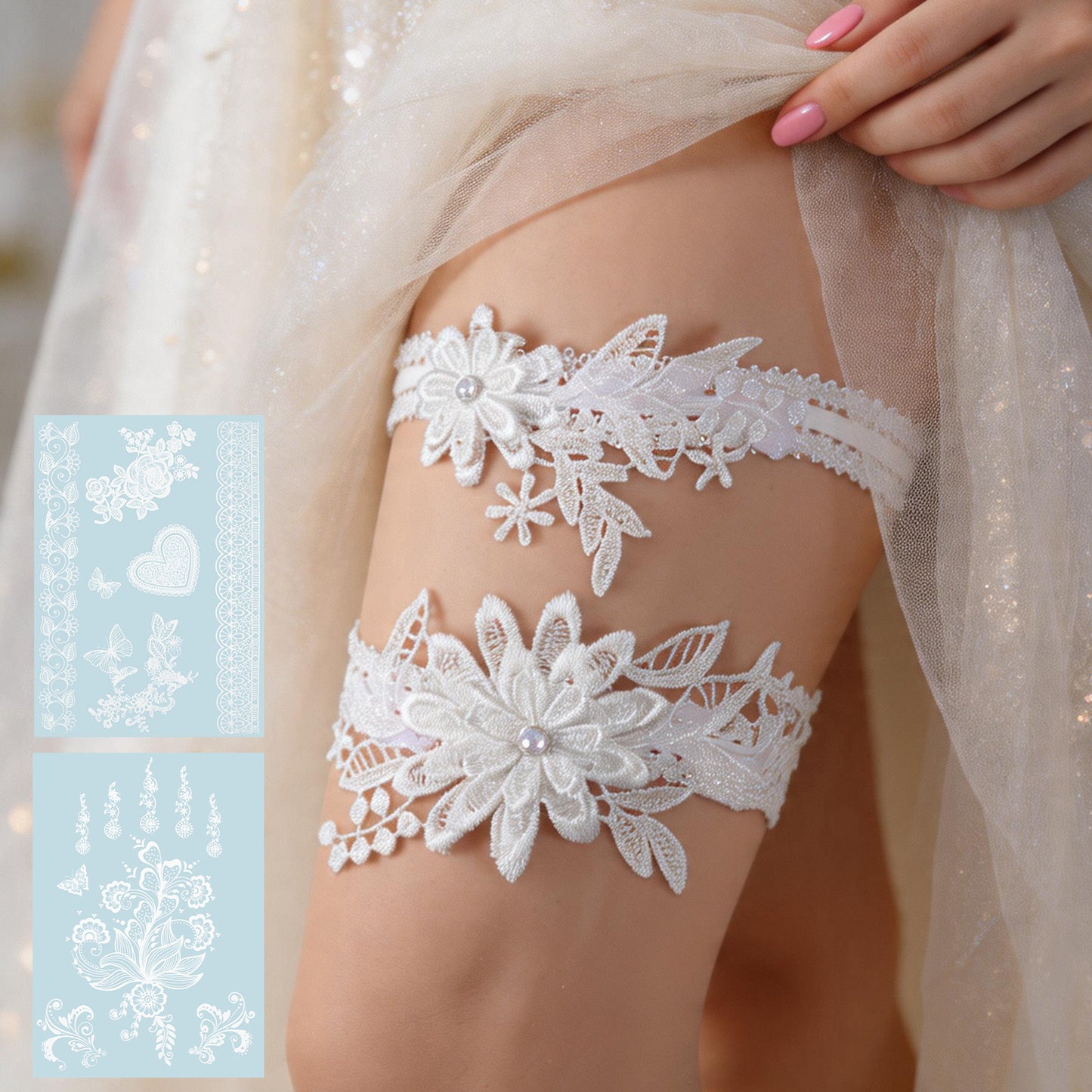 Tweruna 2 PCS Wedding Garter for Bride, White Bridal Garter for Bride with 2 Sheets White Lace Temporary Tattoos, Wedding Garters Set for Women