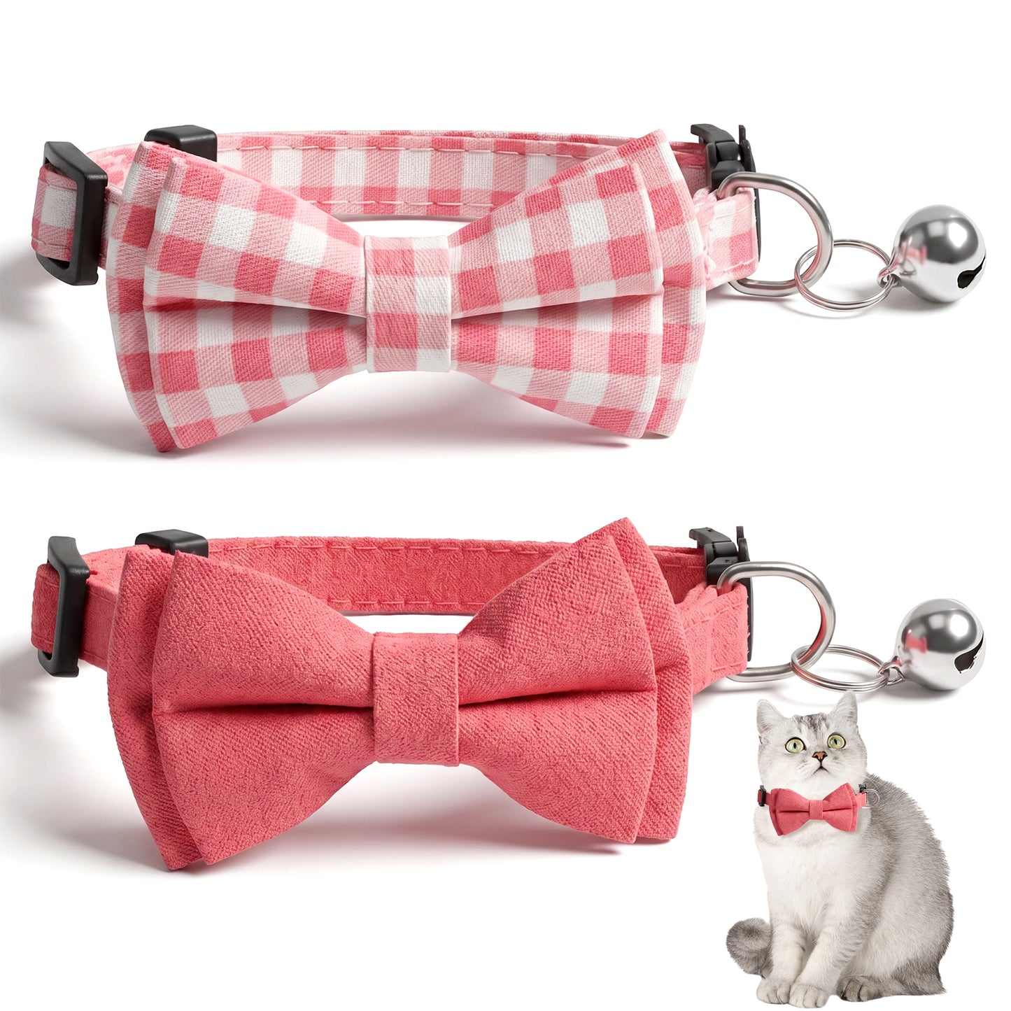 2 Pcs Pink Cat Collar with Bell, Adjustable Bow Cat Collar Cute Pink Bowtie Collars for Cats Detachable Kitten Bow Collars for Cats, Dogs, Pets