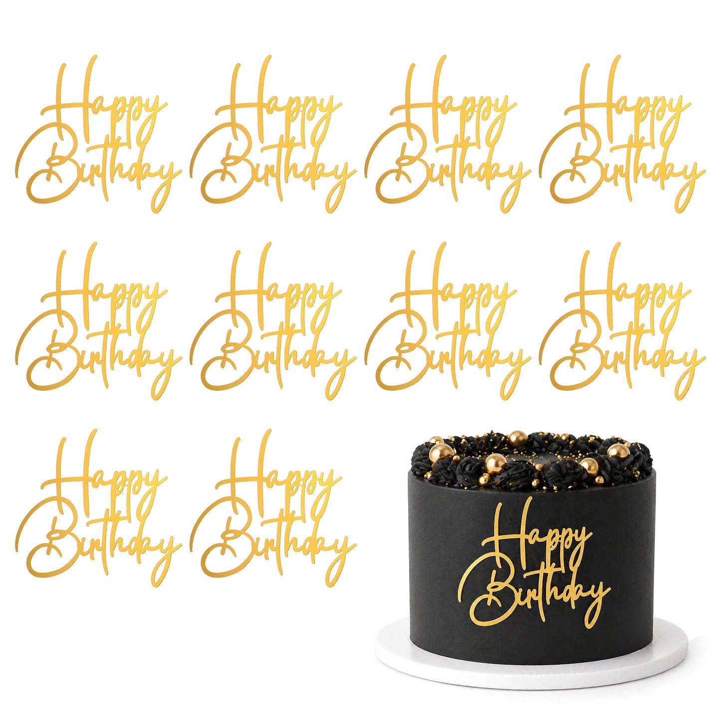10 Pcs Gold Happy Birthday Cake Topper, Acrylic Happy Birthday Sign for Cake Mirror Cupcake Toppers for Birthday Anniversary Bridal Shower Party Supplies