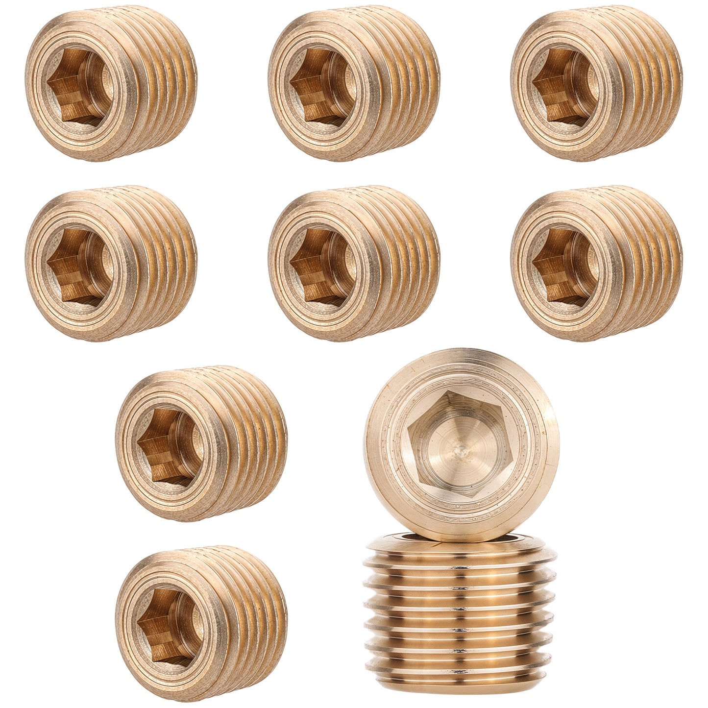 10 Pcs 1/4" NPT Male Pipe Plug Fitting Set, Brass Hex Counter Sunk Pipe Plug Internal Hex Socket Thread Socket Pipe Plug Kit for Closing The End of Pipe