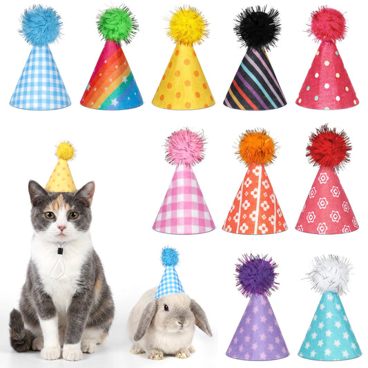 10 Pack Mini Party Hats for Small Dogs Cats Birthday Adjustable Headband Colorful Felt Pom Pom Hats for Puppies Kittens Pet Grooming Costume Accessories