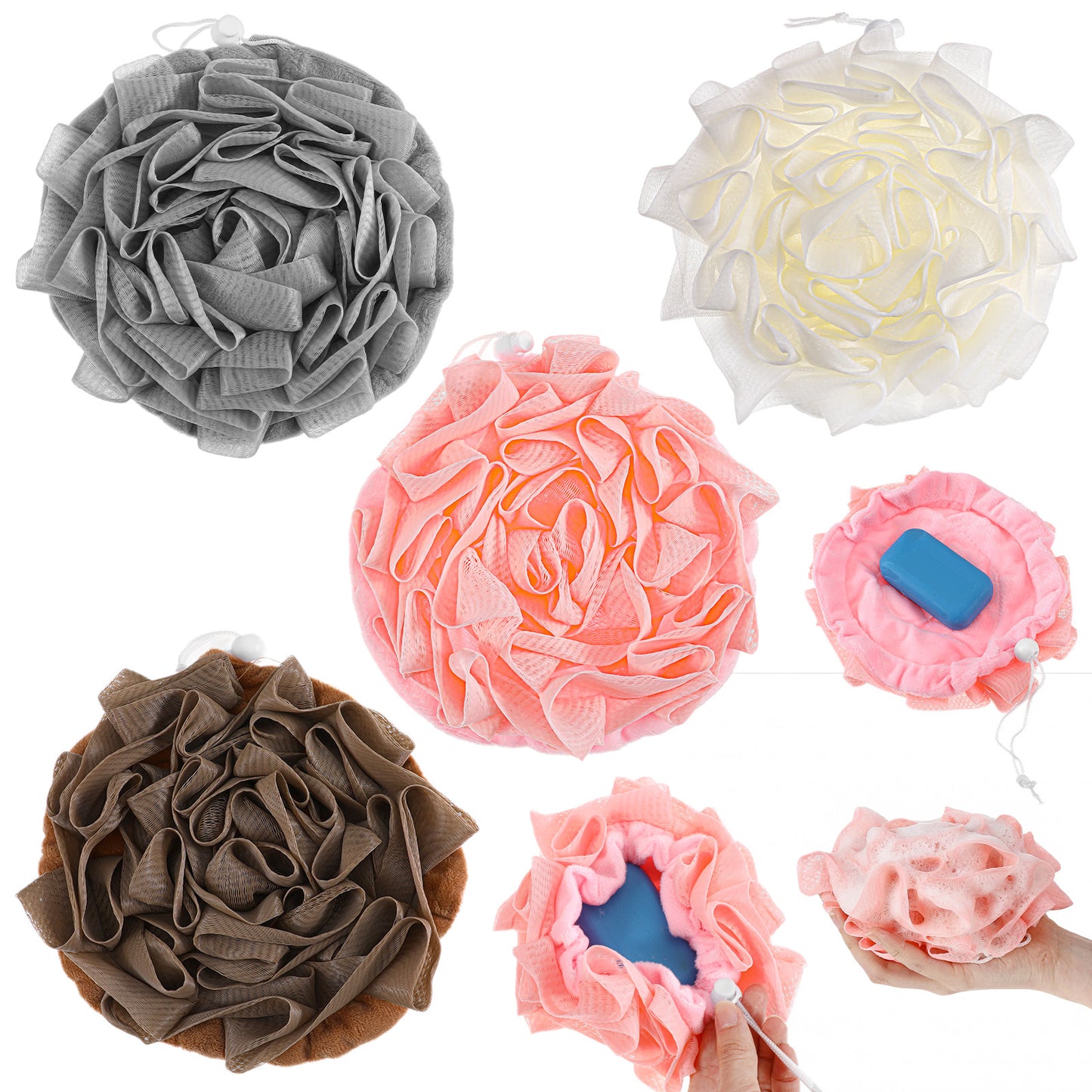 4PCS Bath Loofah Set, Dual-Sided Shower Puff, Bar Soap Loofah Balls with Soap Pocket and Hanging Rope, Shower-Sponge for Women, Men, Shower Ball for Cleaning and Smooth Skin (Beige, Pink, Gray, Brown)