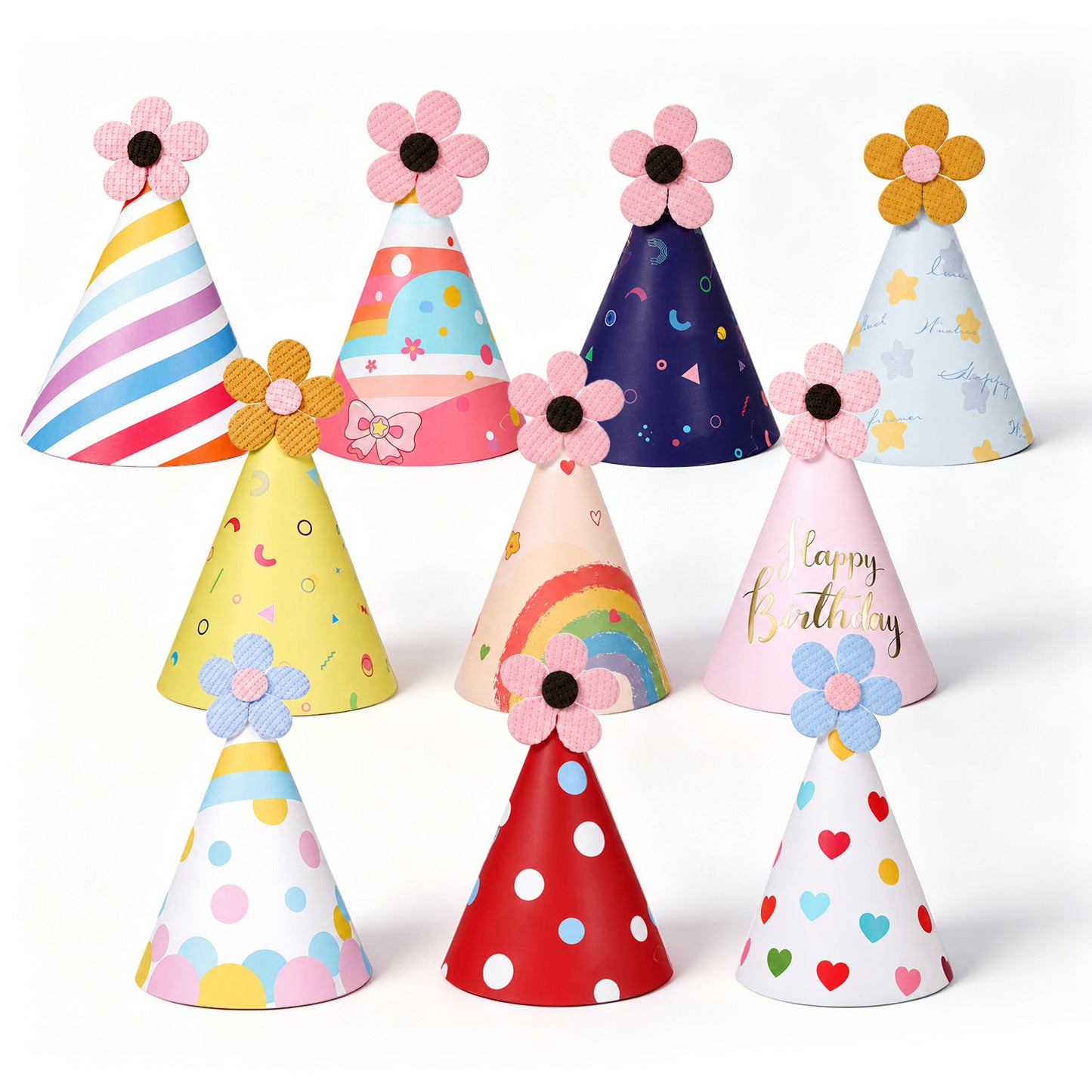 Aysatogc 10PCS Mini Party Hat for Dog/Cat, Cone Hats with Flower Pom Poms Birthday Party Hats Paper Party Hat Fun Photo Props for Stuffed Animals Pets