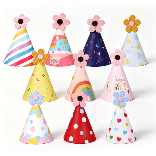 Aysatogc 10PCS Mini Party Hat for Dog/Cat, Cone Hats with Flower Pom Poms Birthday Party Hats Paper Party Hat Fun Photo Props for Stuffed Animals Pets