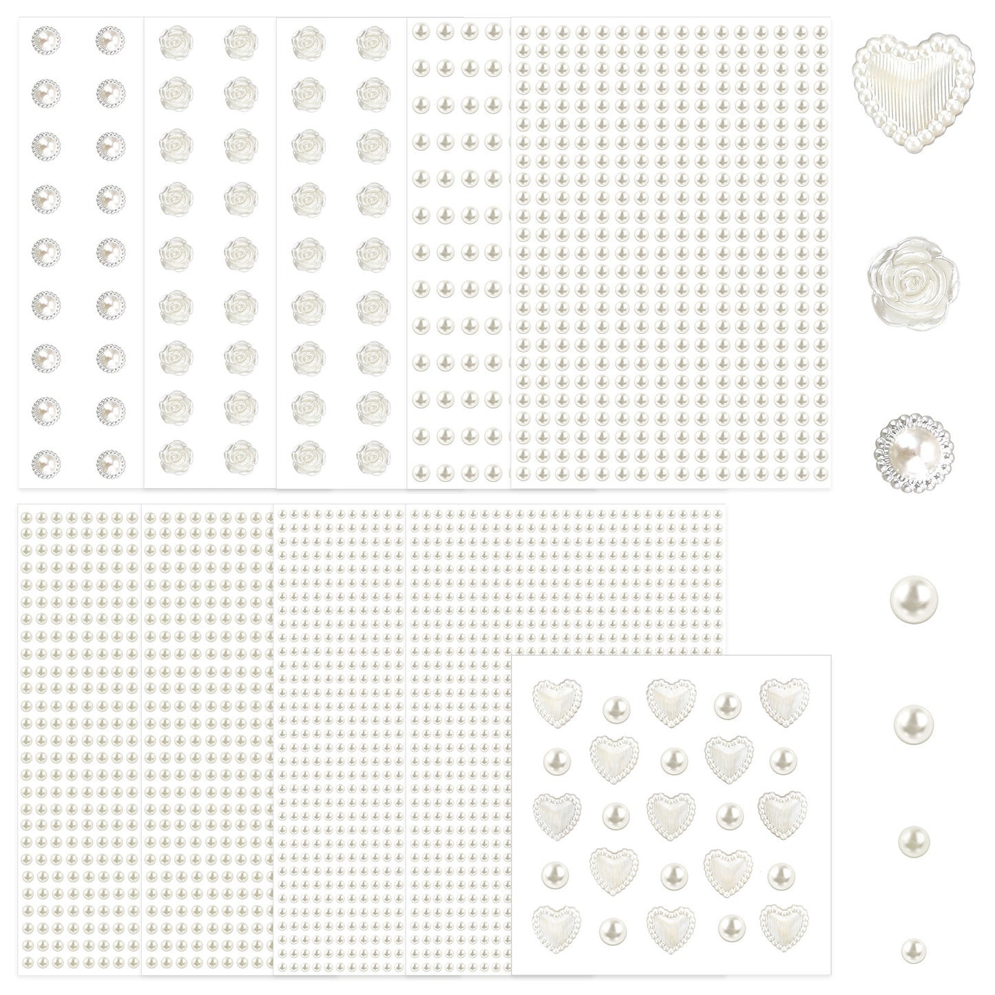 ZEYIYER 3725PCS Pearl Stickers, Self Adhesive Flat Back Pearls Face Gems Stick on Pearl Beads Nail Hair Gem for Face Makeup Eye L Hair Wedding Card Festival Carnival Artwork Decro (10 Sheets)