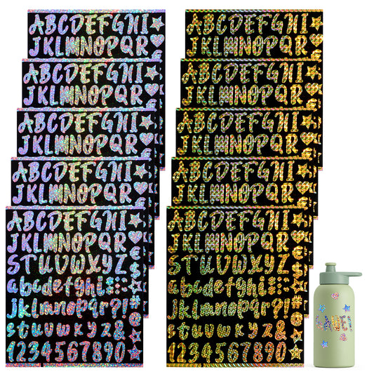 10 Sheets Letter Stickers, Glitter Self Adhesive Stickers Small Vinyl Decorative Decals for Scrapbooking Mailbox Numbers Crafts Classroom Decor Bulletin Board Cups Accessories (Gold & Silver)