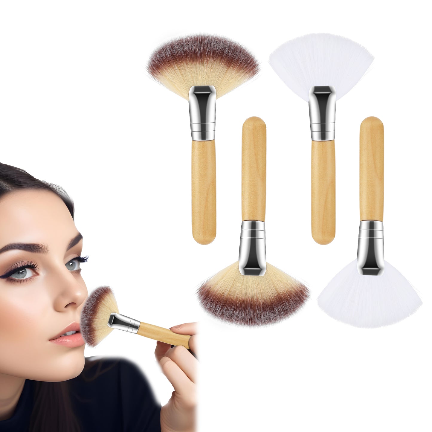 ZEYIYER 4 Pack Fan Brushes, 4.52in Soft Makeup Mask Applicator Brushes, Fan Brush Makeup with Long Handle Facial Applicator Brushes Face Makeup Tools for Loose Powder Highlighting Blush