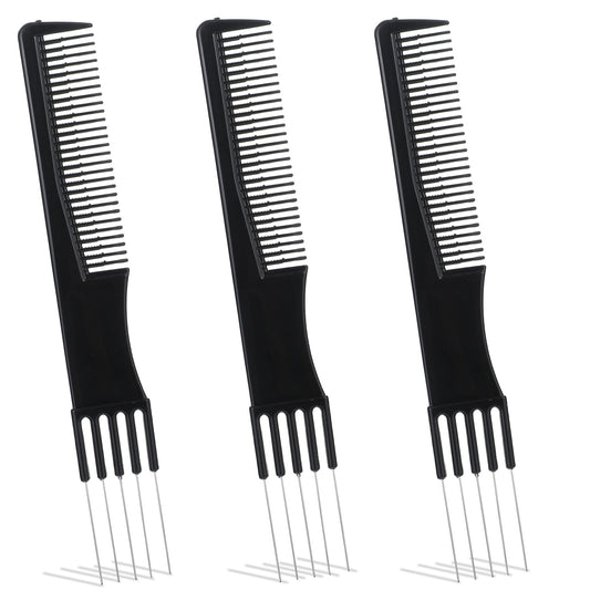 ZEYIYER 3PCS Carbon Lift Teasing Combs with Metal Pick, Salon Lifting Fluffing Combs, Women's Lift Teasing Comb with Metal Prong for Hair Styling(Black)