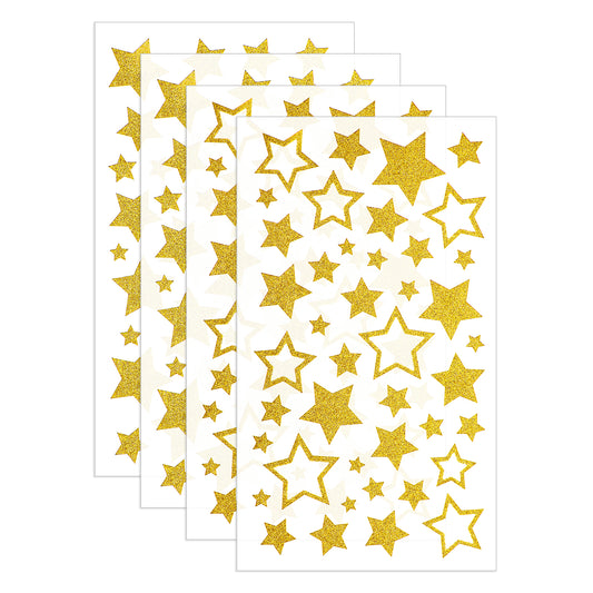 ZEYIYER 4 Sheets Gold Star Stickers, Glitter Gold Stickers Self-Adhesive Star Assorted Labels Shiny Reward Star Sticker, Star Decals for Crafts Christmas Scrapbook Cup Phone Case Gifts Decoration