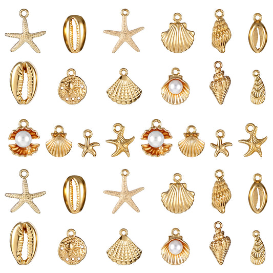 Aysatogc 32 Pcs Summer Beach Charms for Jewelry Making, Starfish Conch Sea Shell Pendants DIY Charms Sea Necklace Pendant for Women Jewelry for DIY Bracelet Necklace Earrings Making Crafting