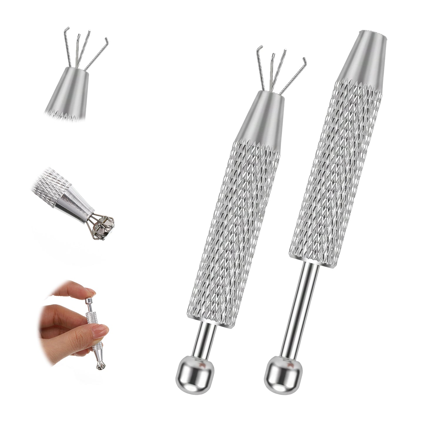 2 PCS Piercing Ball Grabber Tool, Stainless Steel 4 Claw Gem Pick Up Tool for Changing Jewelry, Anti Slip Earring Applicator for Flat Back Internally Threaded Push Pin