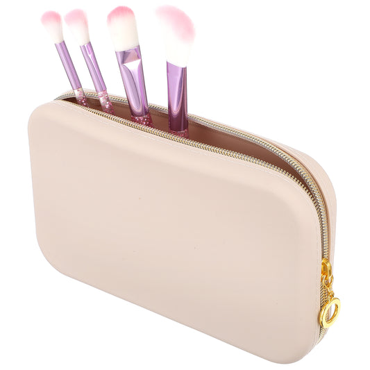 Travel Makeup Brush Holder, Silicone Makeup Bag with Zipper Closure, Portable Washable Travel Makeup Brush Case for Makeup Tools, for Daily, Travel, Work (Beige)
