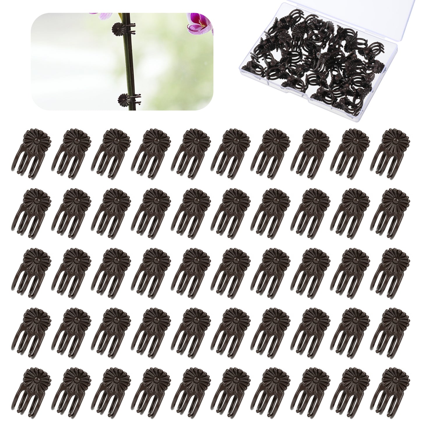 Axafazup 50 PCS Orchid Clips for Plant Support, Garden Clips for Vines Single Stem Plants, Plant Support Clip for Climbing Plants, Dark Green Flower Clip for Upright Growth