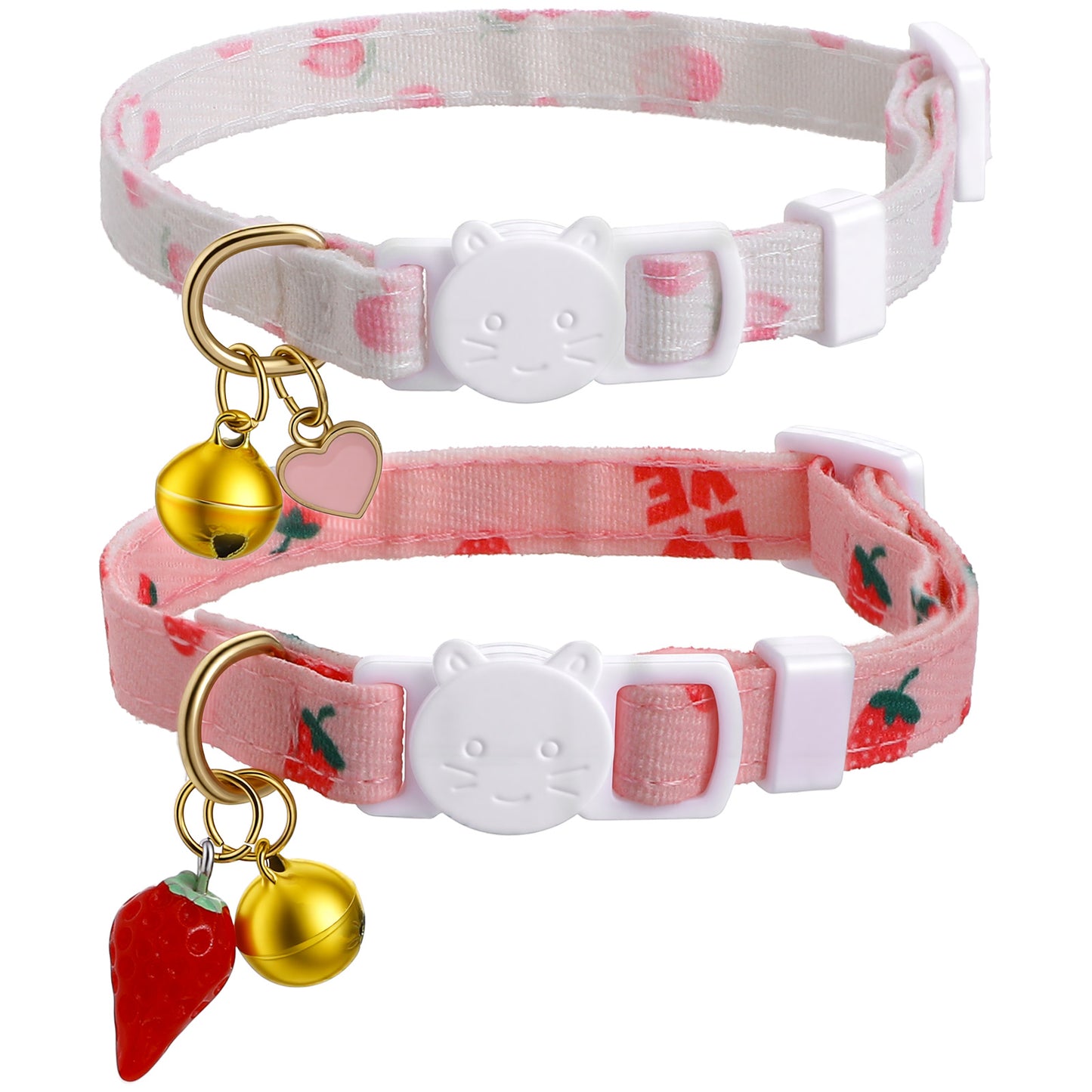 PEOVLVN 2 Pack Cotton Breakaway Cat Collars, Pink Strawberry and White Heart Shaped Pendant Adjustable Kitten Collar with Bell Cute Cat Collars for Girl Cats Accessories