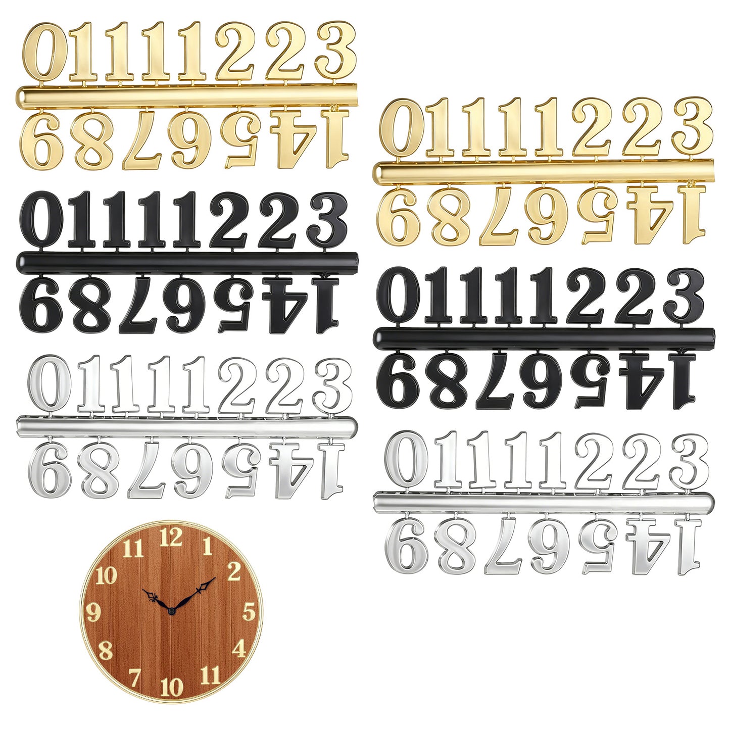 Apojgitn 6 Sets Clock Kit with Arabic Numbers, DIY Digital Clock Parts for Wall Clocks Kits, Clocks Face Crafts and Classroom Making Kit(Gold Silver Black) Non Self-adhesive