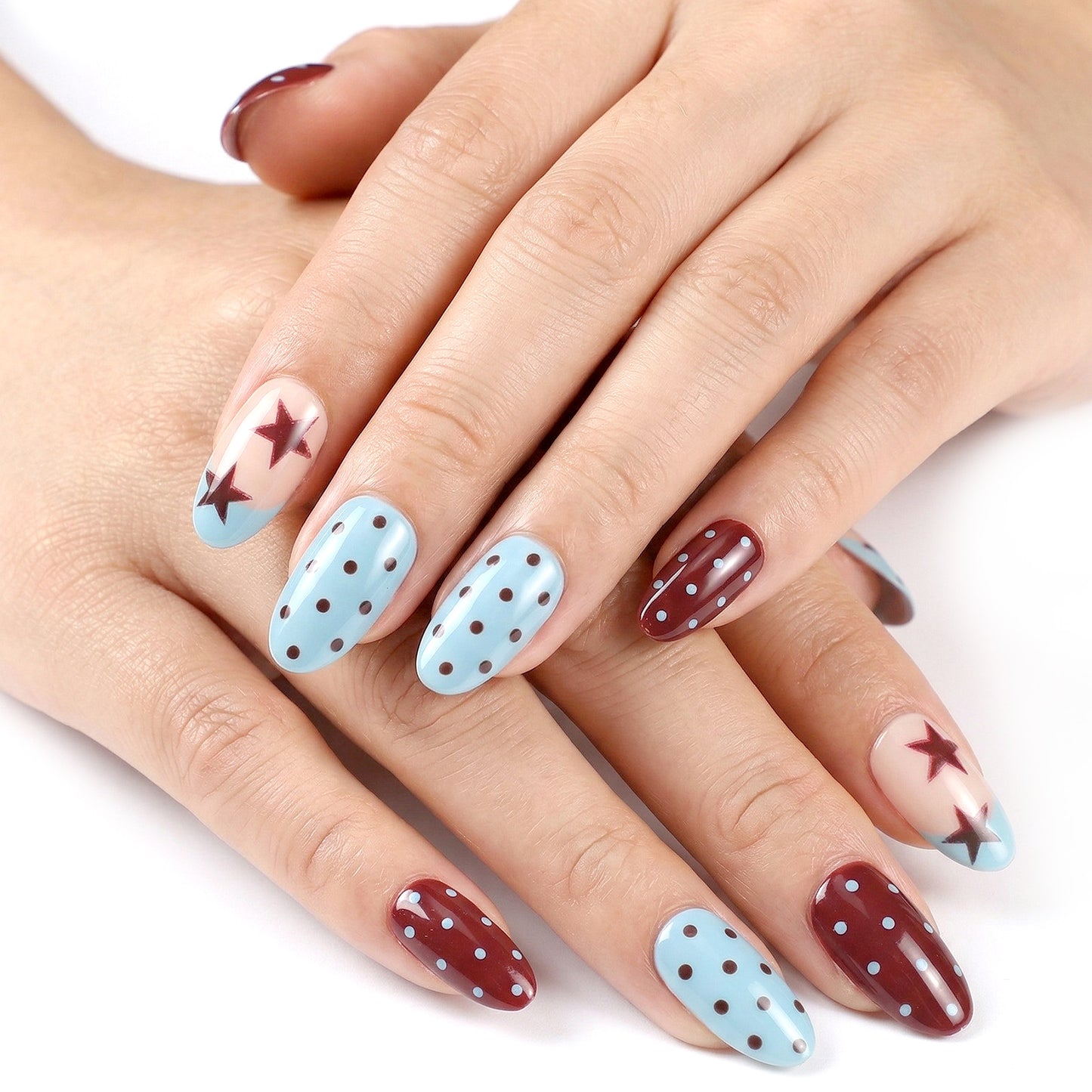 24 Pcs Polka Dot Press on Nails French Tip Fake Nails Blue and Black Almond Full Cover False Nail for Women