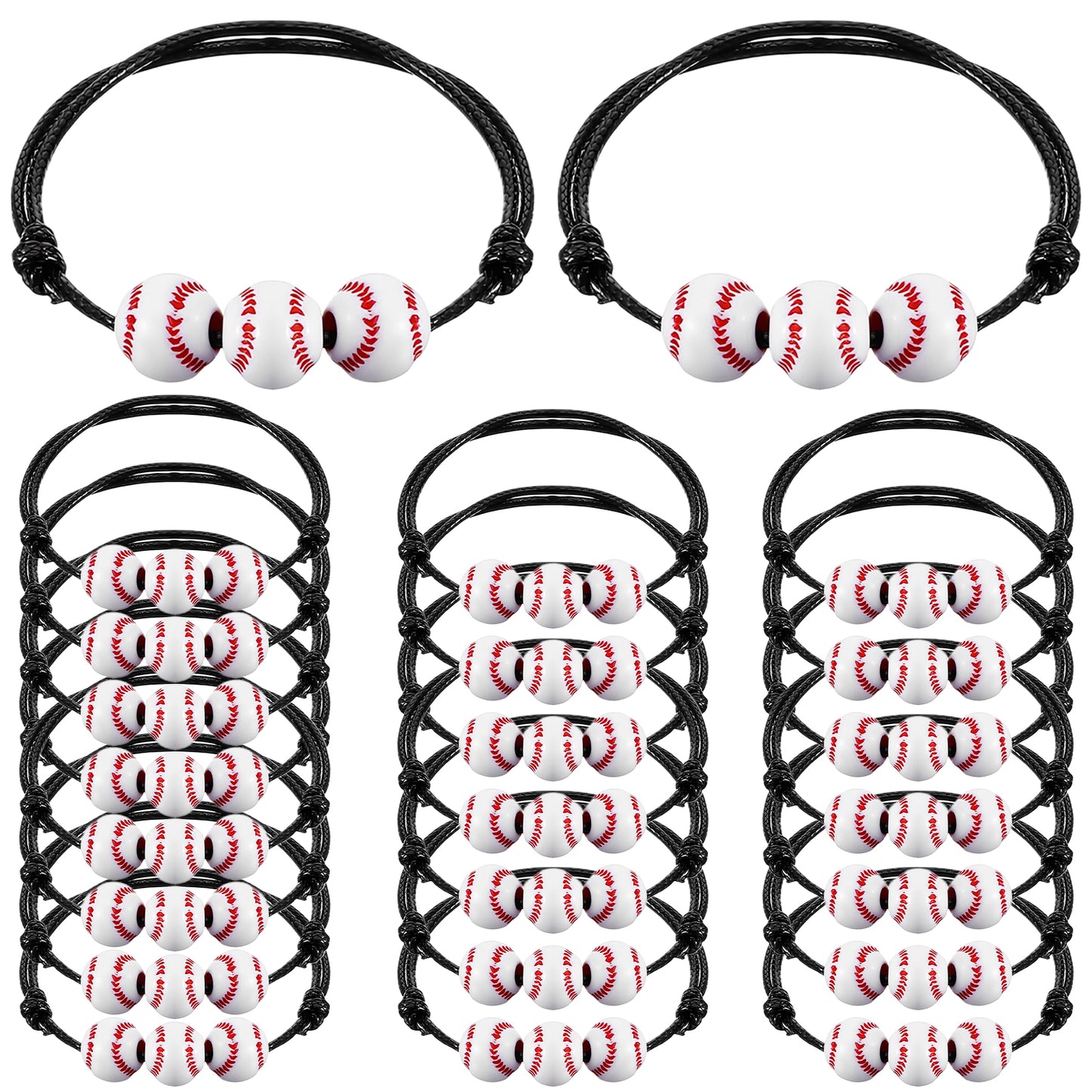 Grevosea 24 Pcs Baseball Bracelets Party Favors Adjustable Sport Wristbands with Bead Balls Team Theme Birthday Gifts for Teens Adults Baseball Wristbands