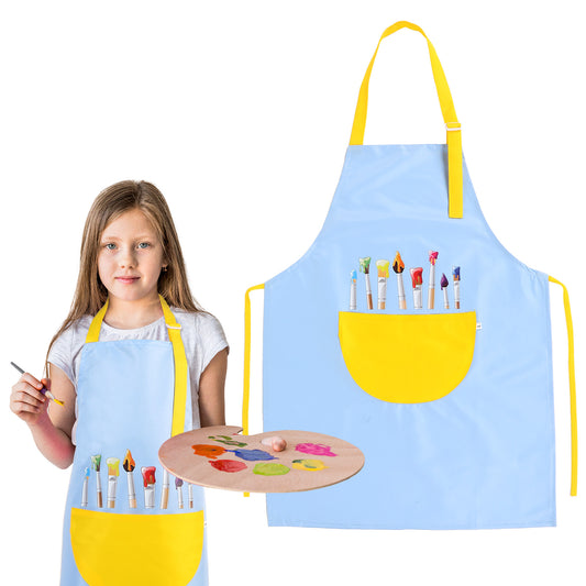 1 Pack Children's Apron, Yellow and Blue Cute Kids Apron Adjustable Waterproof Art Apron with Pockets Girls Boys Paint Apron Art Smock for Kids Painting Crafting Cooking Baking Art Gardening