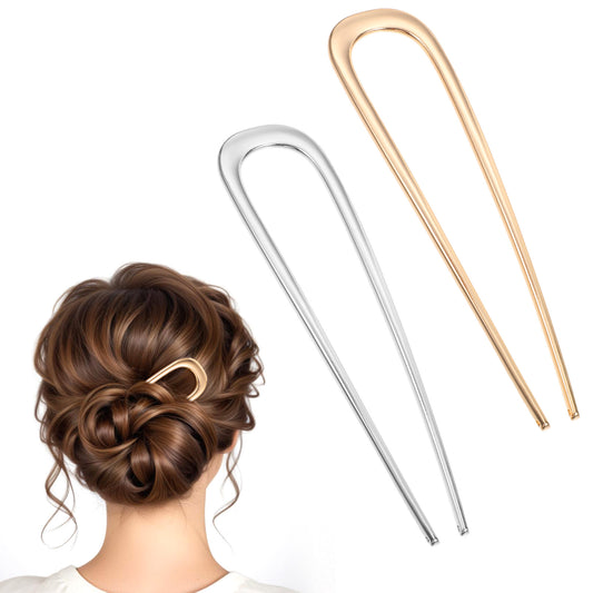 U Shaped Hair Pins, 2 Pcs 6 in/14cm Elegant Hair Clips for Women Comfortable Vintage Bun Pins for Women and Girls for Long Thick Tousle (Gold Silver)