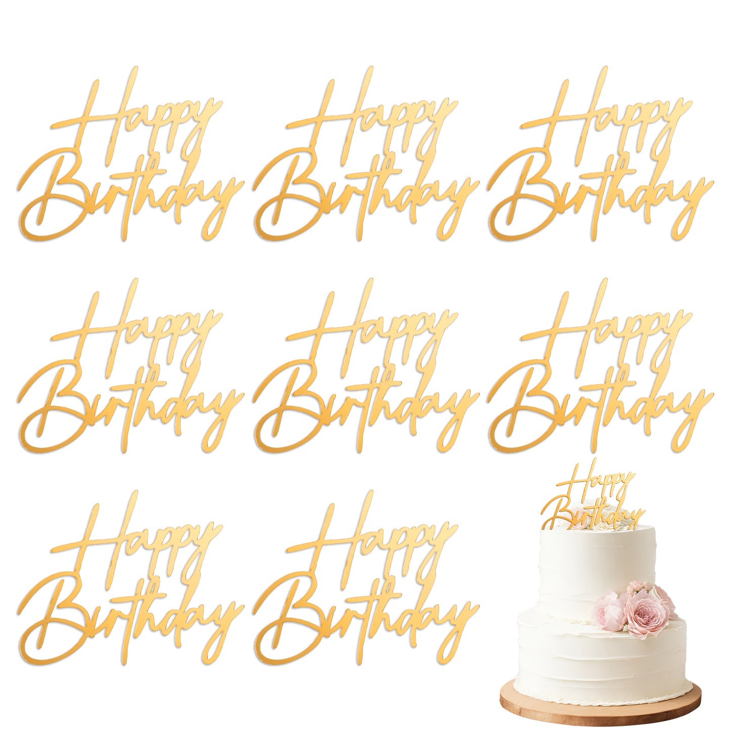 10 Pcs Gold Happy Birthday Cake Topper, Side Acrylic Happy Birthdays Sign for Birthday Party Cake Dessert