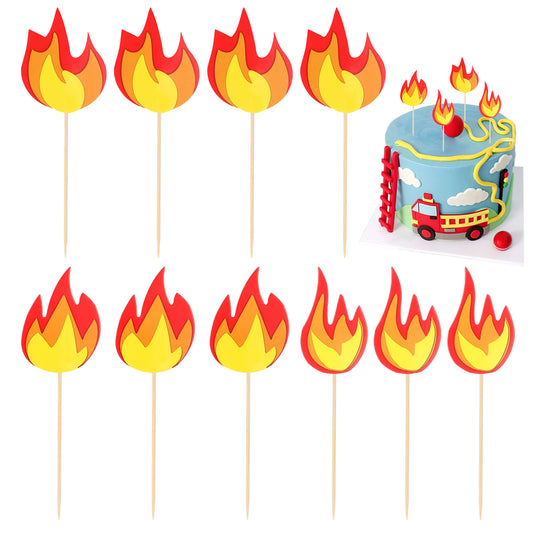 10 Pieces Fire Truck Cake Topper, Fire Flame Cake Decorations, Firefighter Themed Birthday Decorations Truck Birthday Party Supplies Fake Campfire Cupcake Topper