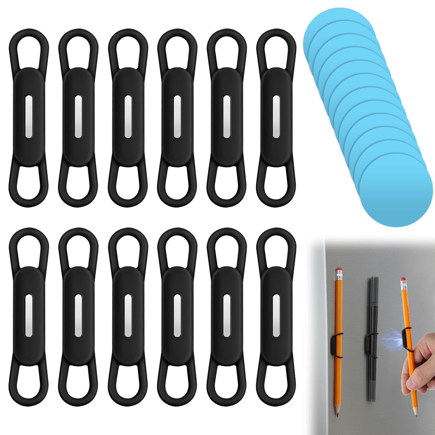Axafazup 12 Pack Magnetic Pen Holder, Silicone Magnetic Pencil Holder Dry Erase Marker Holders for Refrigerator Whiteboard Desk Clipboard with Magnetic Sheets
