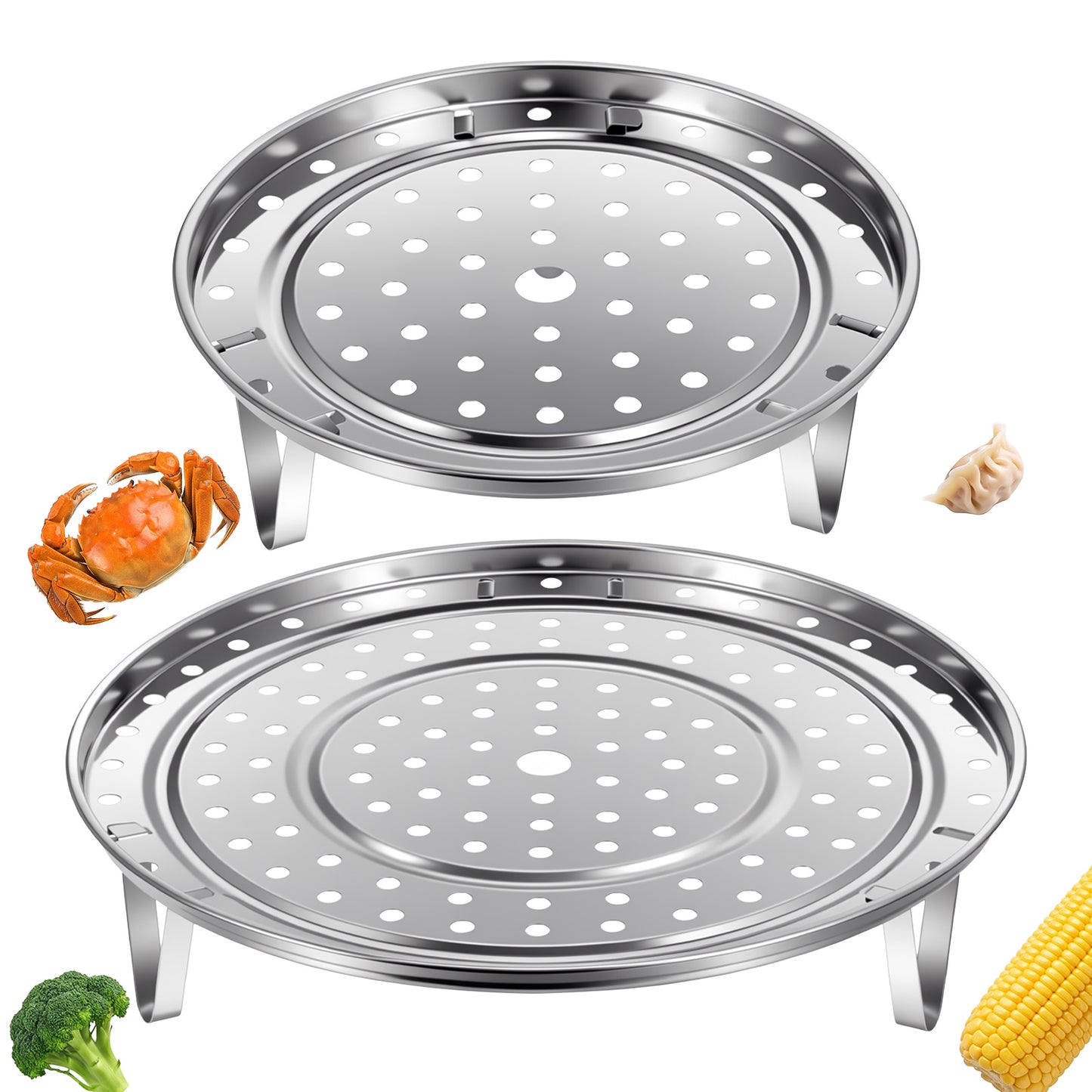 Stainless Steel Steamer Racks, 2Pcs Round Steamer Rack with Removable Stand, Premium Pot Steaming Trays for Instant Pot, Pressure Cooker & Stock Pots, (10inch/25.5cm & 6.9inch/17.5cm) Silver Tone