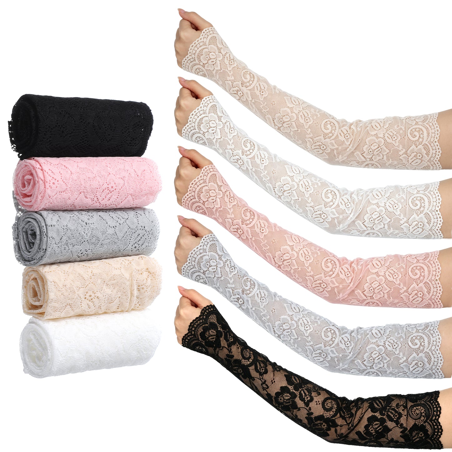 Falzqq 5 Pairs Lace Arm Sleeves Floral Hollow Fingerless Arm Sleeve Elbow Length Lace Sleeves to Cover Arms for Women Wedding Cosplay Costume Party Accessories