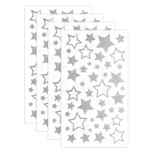 ZEYIYER 4 Sheets Silver Star Stickers, Glitter Stars Stickers Self-Adhesive Star Assorted Labels Shiny Reward Star Sticker, Star Decals for Crafts Christmas Scrapbook Gifts Classroom Decoration