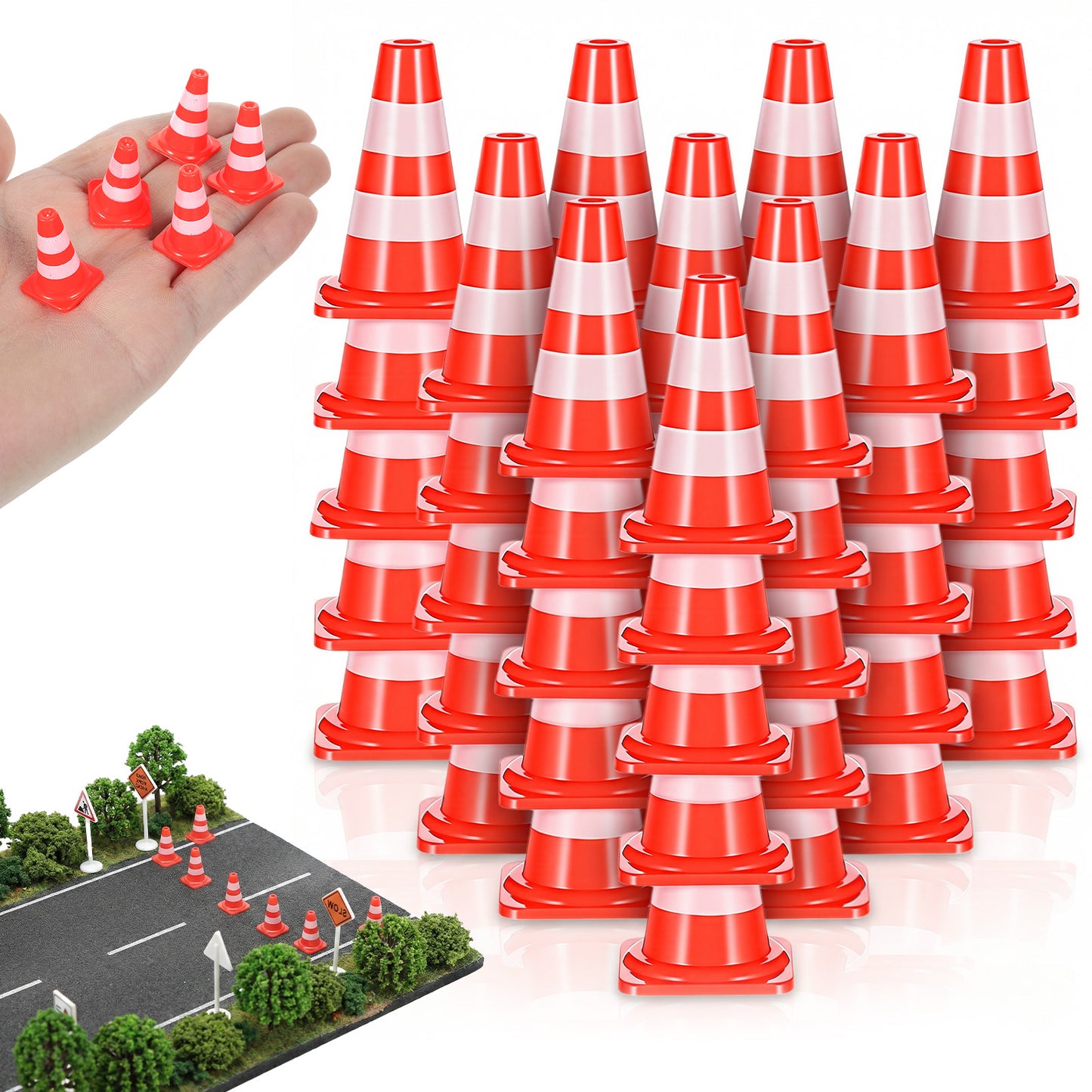 50Pcs Mini Traffic Cones, Small Construction Toys & Mini Cones Orange ABS Plastic Road Signs for Training, DIY Scenes, Party Decorations