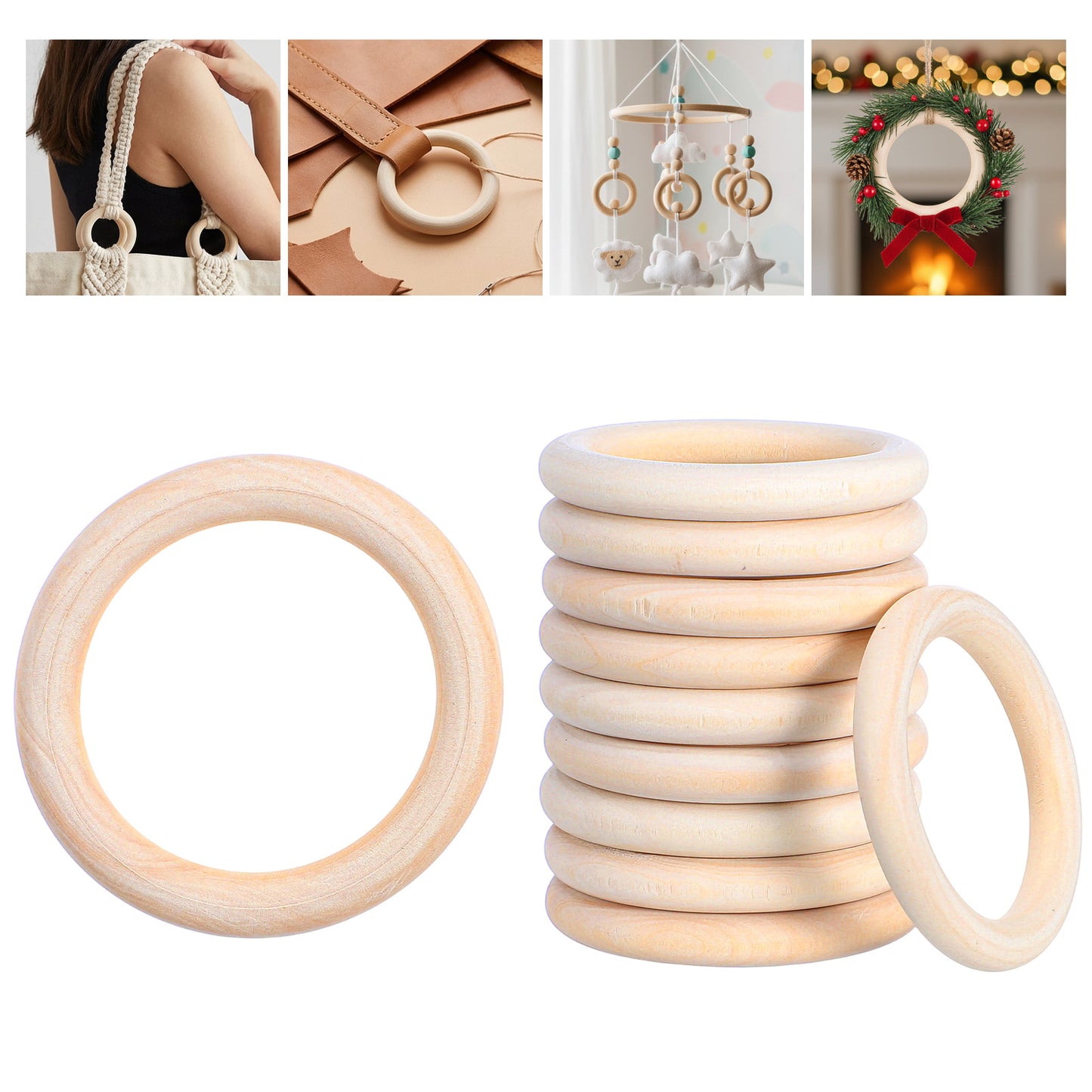 10 PCS Wooden Rings for Crafts, 70mm Natural Unfinished Wood Rings for Crafts, Without Paint Smooth Wooden Rings for Macrame, Wood Circles Hoops for Macrame Craft DIY Ring Pendant Connectors